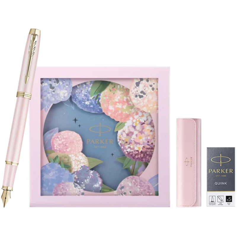 IM Pink Fantasy Gold Trim Fountain Pen + Hydrangea Floral Gift Box (Перо F)